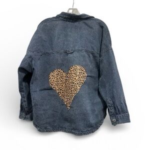 Up cycled Zara Denim Shacket with cheetah print heart accents size small
